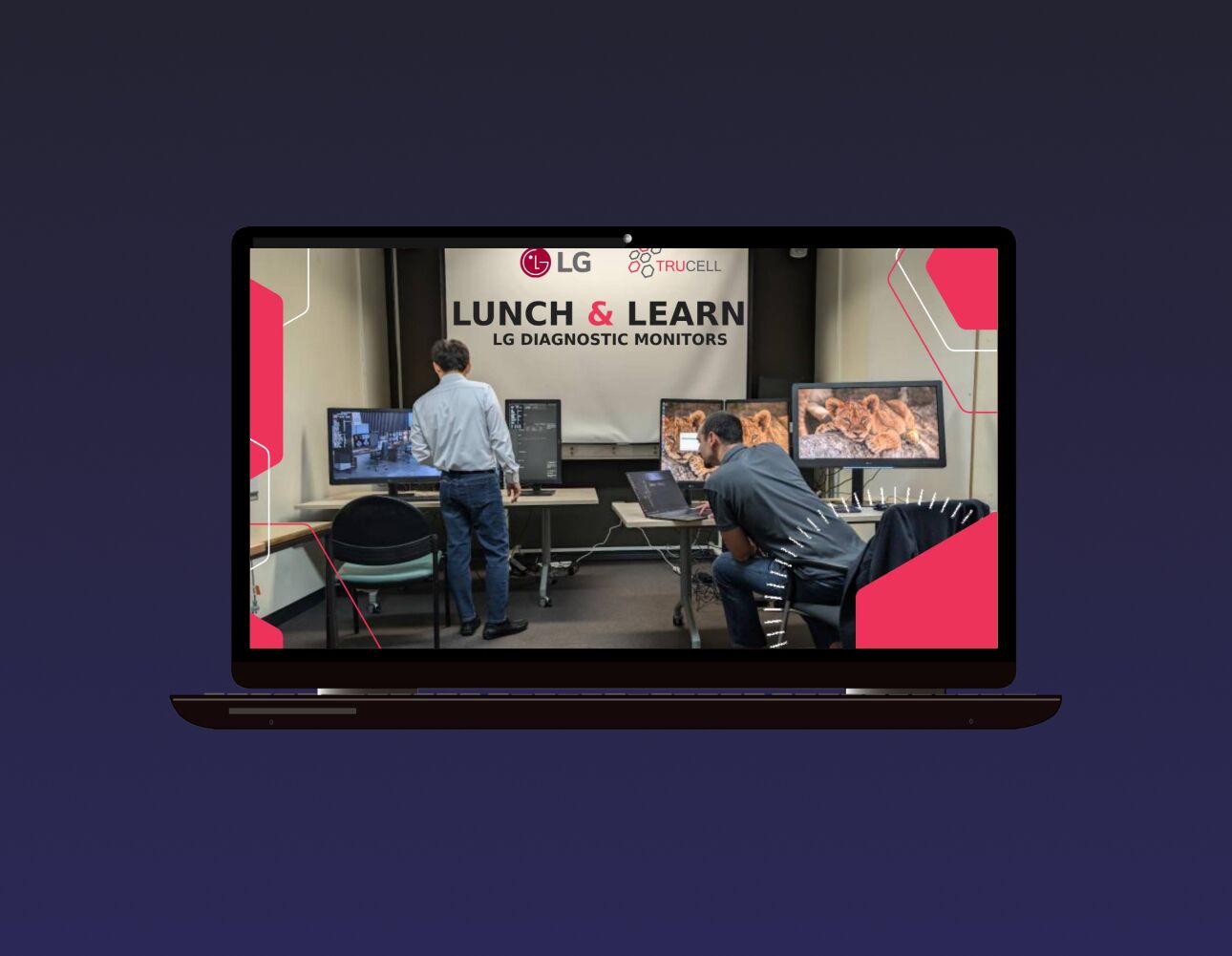 Laptop showing LG Technicians setting up LG Diagnostic monitors